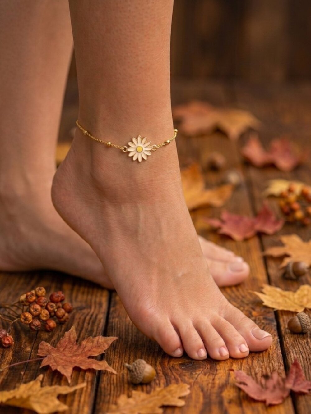 Gold Enamel Daisy Charm Anklet Bracelet Floral Dainty